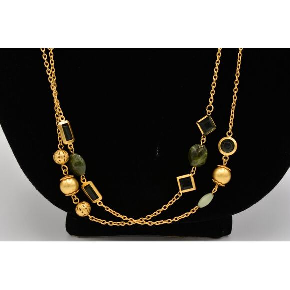 Premier Designs Vintage Station Necklace Green Bezel Brushed Gold Signed Bin2 - Picture 3 of 12
